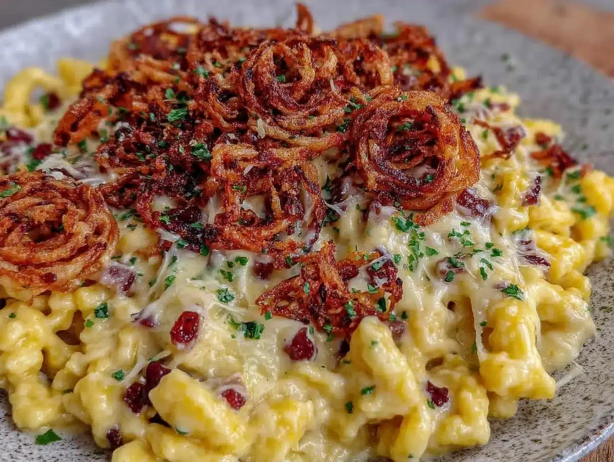 Budget-Käsespätzle mit Röstzwiebeln: Einfaches Rezept 4 Budget-Käsespätzle mit Röstzwiebeln preparation steps